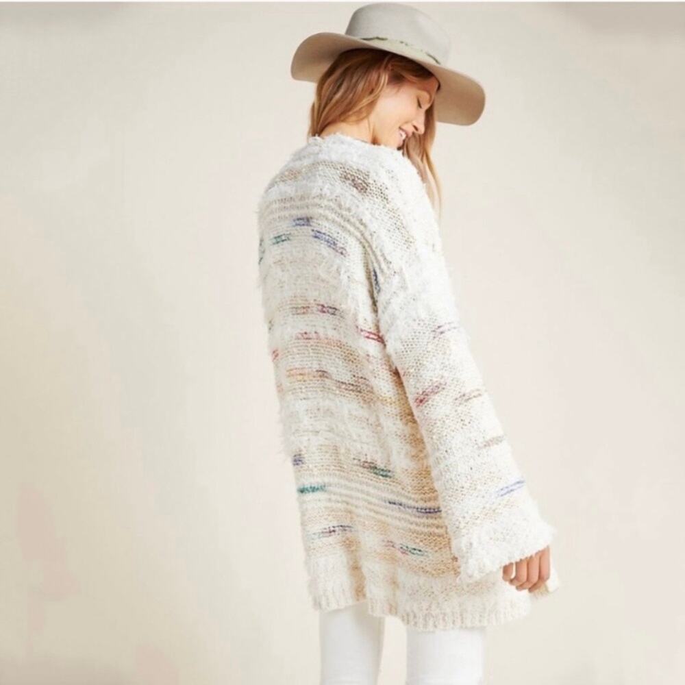 Anthropologie Margo Cardigan Women XS Cream Rainbow Knit Open Front Sweater